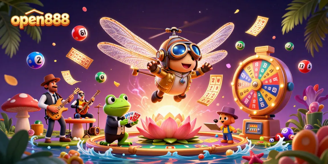 Experience excitement with open888's vibrant casino scene featuring a frog croupier and jackpot elements.