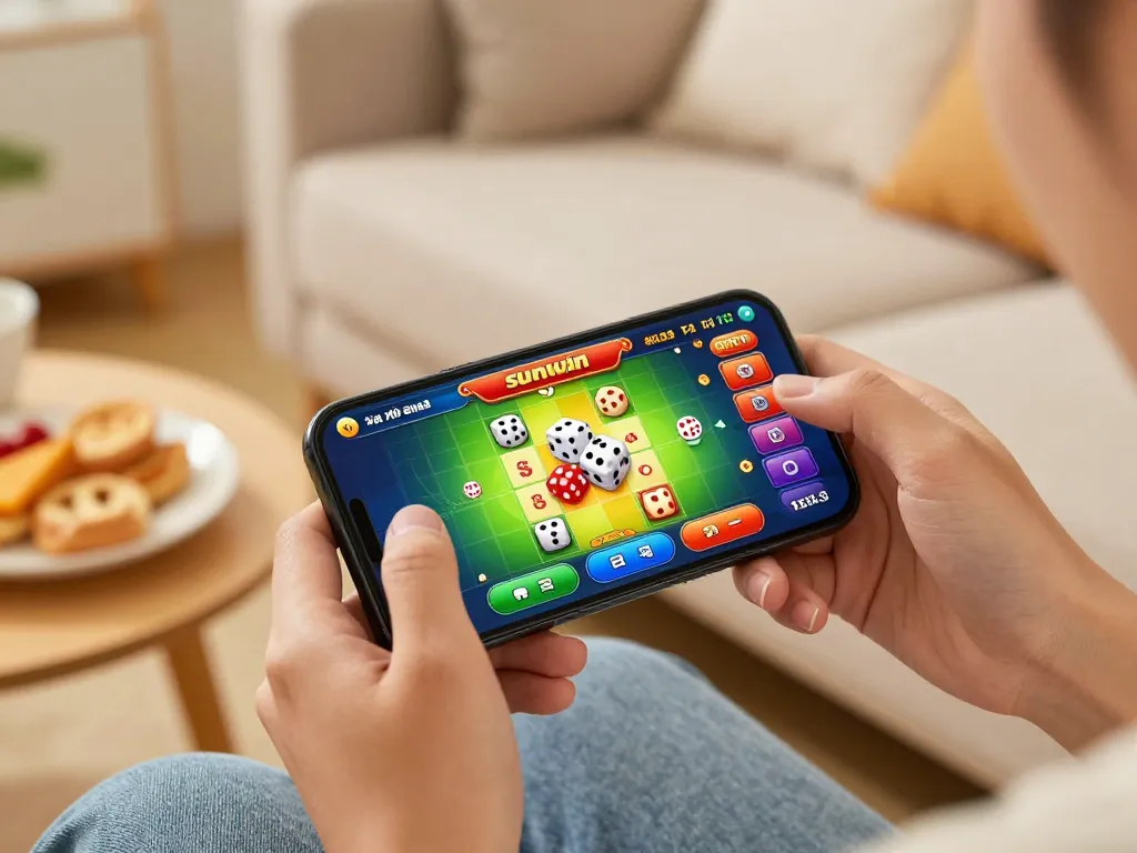Engaging mobile gaming moment featuring tài xỉu sunwin displayed on smartphone with cozy home ambiance.