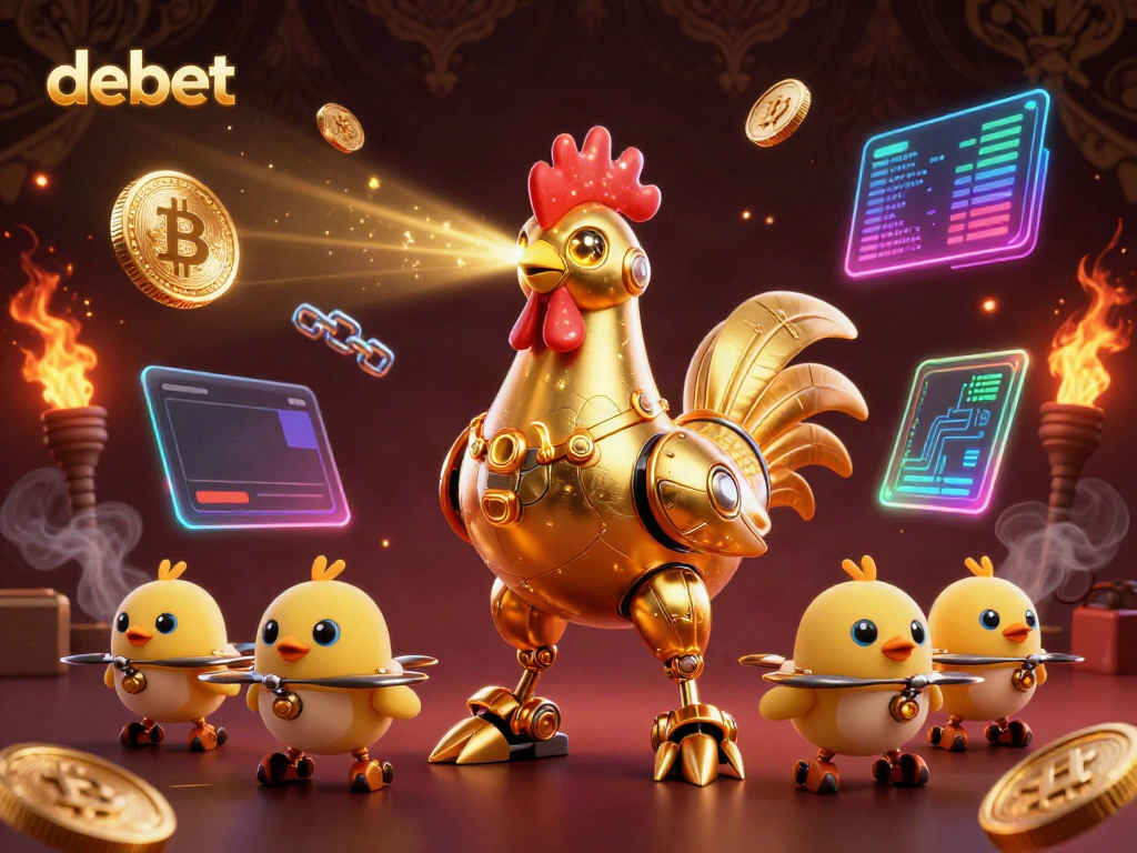 Engage in thrilling gaming at debet, showcasing a golden rooster robot and crypto elements in a vibrant scene.