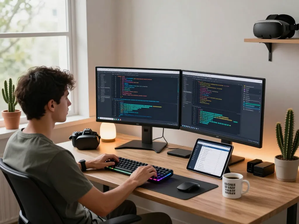 Developer using molt bot in a modern office with dual monitors and tech gadgets.