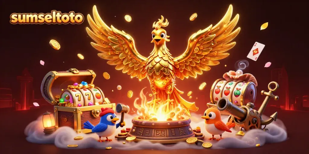 Experience the excitement of sumseltoto with a vibrant, dynamic casino-themed illustration featuring a molten golden phoenix.