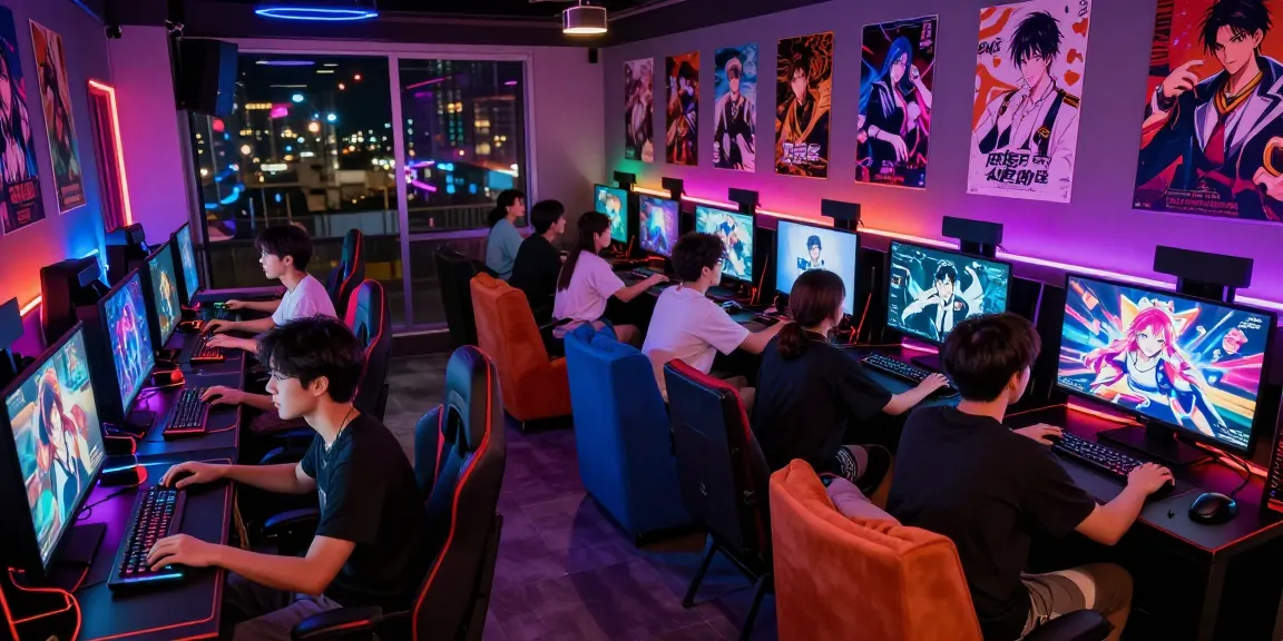 Adults immersed in gameplay showcasing degrees of lewdity in vibrant gaming lounge filled with neon lights and visual novels.