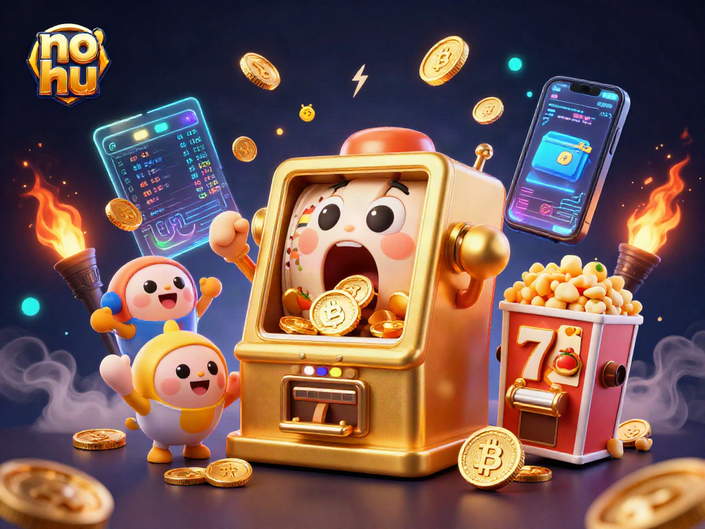 no hu slots jackpot scene with a golden slot machine and cheering companions.
