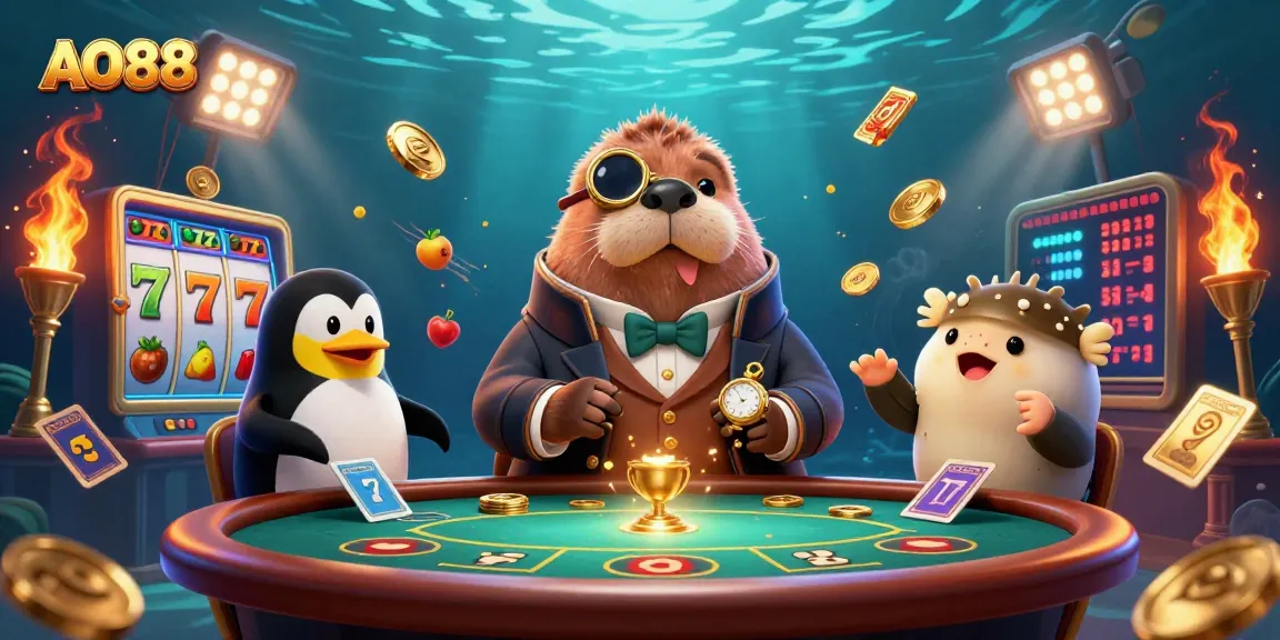 Experience the thrill of AO88 slots with a jolly walrus, penguin dealer, and a bluffing pufferfish.
