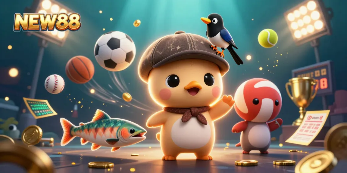 Engage with NEW88 at the vibrant underwater casino, featuring charming characters amid exciting betting elements.