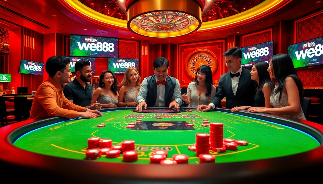 Players enjoying a thrilling WE88 casino experience at a vibrant gaming table with poker chips.