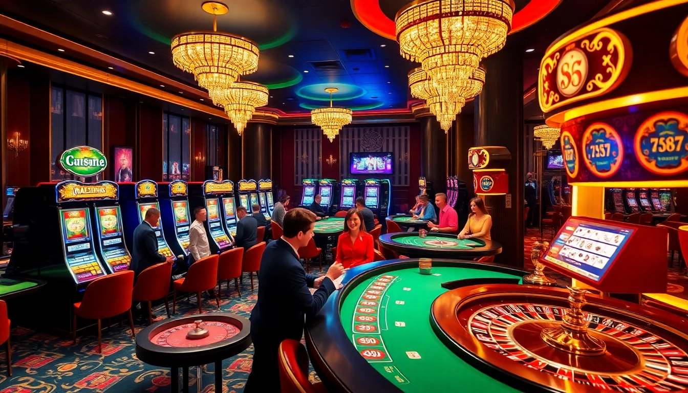 Players enjoying thrilling slot machines and poker games at 789F casino, showcasing excitement.