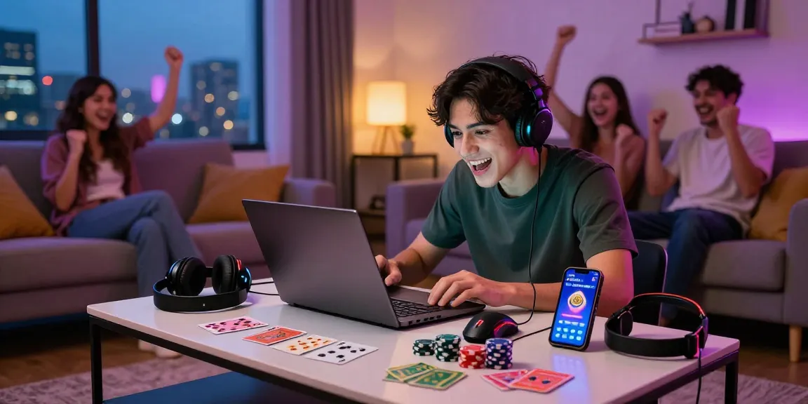Exciting gaming moment at credit card casinos with laptop, chips, and friends in cozy home setting