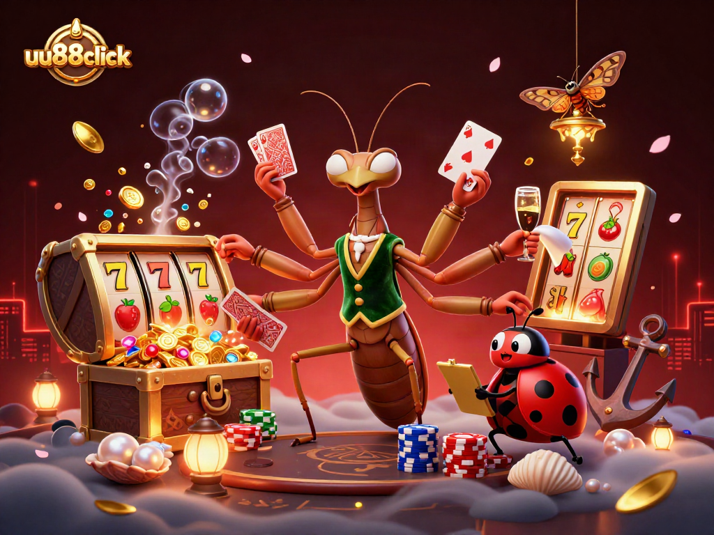 uu88click showcases a vibrant 3D casino scene with unique characters and dynamic game elements.