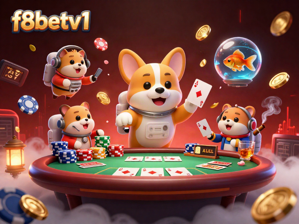 Engage in thrilling space casino action with f8betv1's 3D illustration featuring floating corgi, chips, and goldfish!