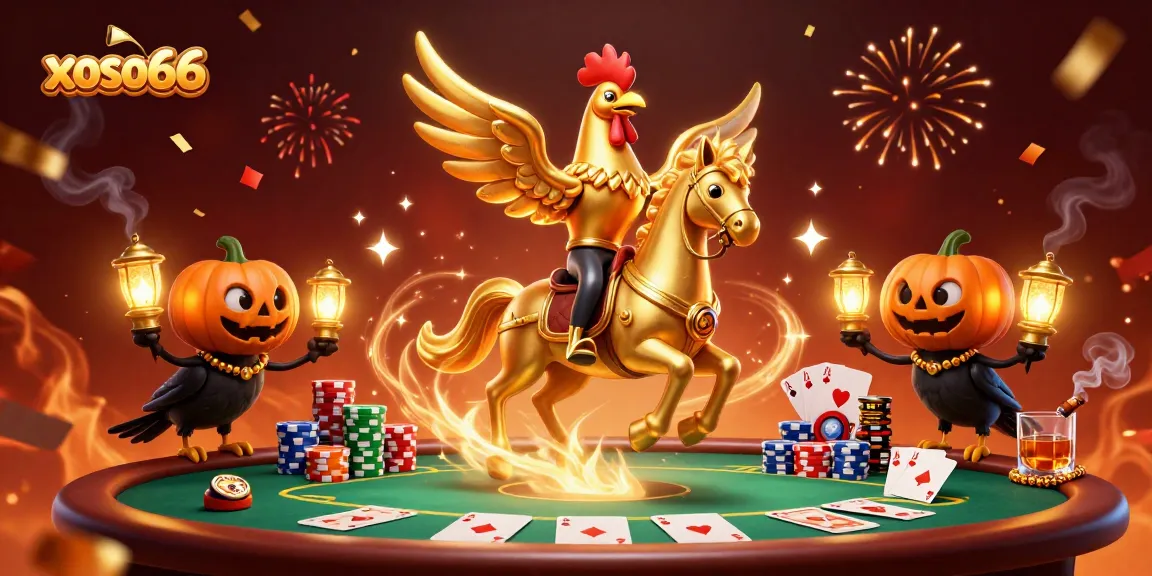 Experience excitement with xoso66 as golden rooster and crow companions in a vibrant casino scene.