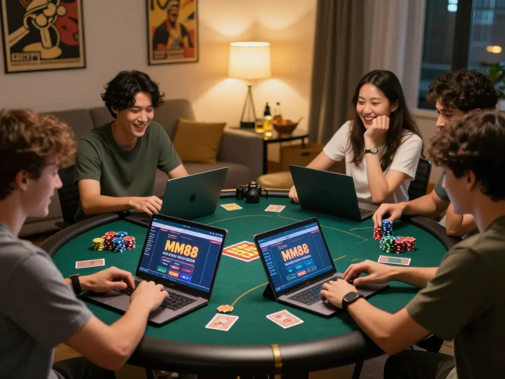 Friends enjoying a game night with MM88 gaming interface, colorful chips and cozy atmosphere.