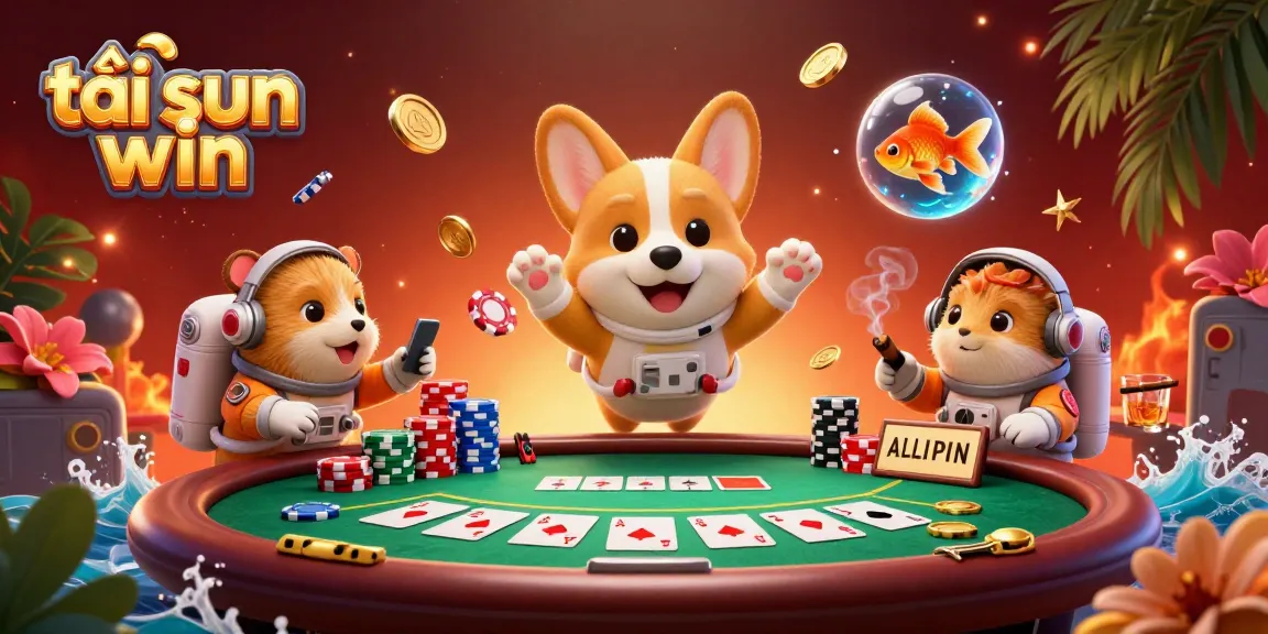 Engage with the exhilarating scene of tải sun win featuring a corgi in space, poker chips, and colorful casino elements.