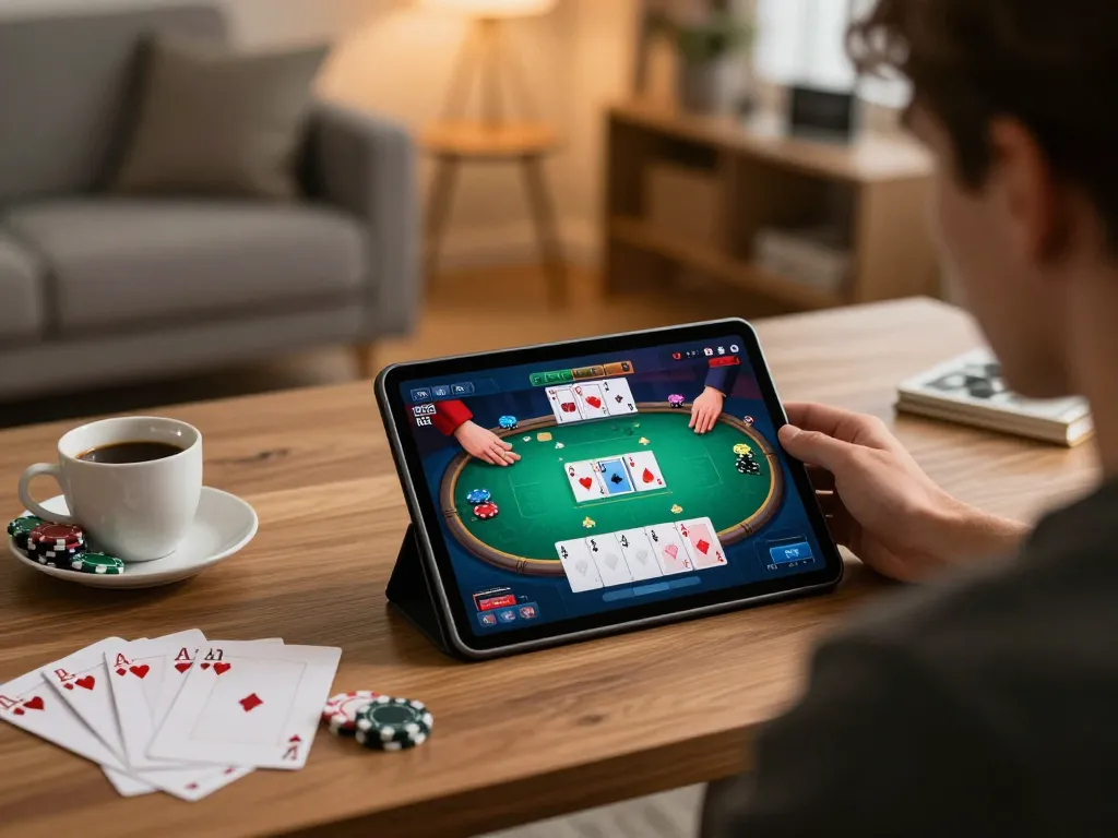 Player enjoying SHBET poker game on tablet surrounded by strategy notes and coffee