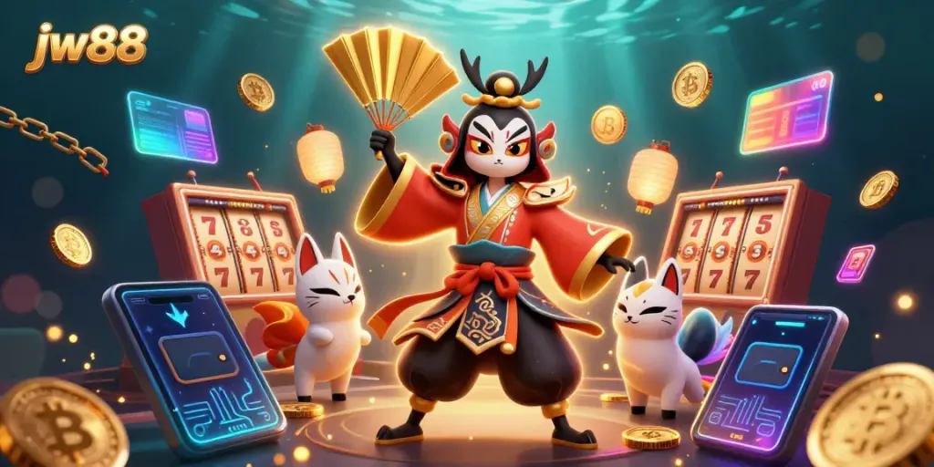 Engage in thrilling games at jw88 with vibrant slot reels and 3D characters amidst action.