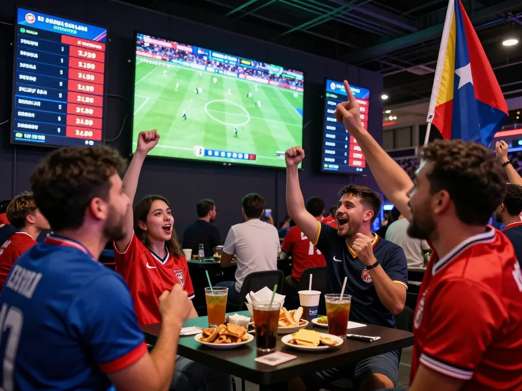 Cá độ bóng đá fans cheering during a live match, engaging with betting odds and enjoying the game atmosphere.