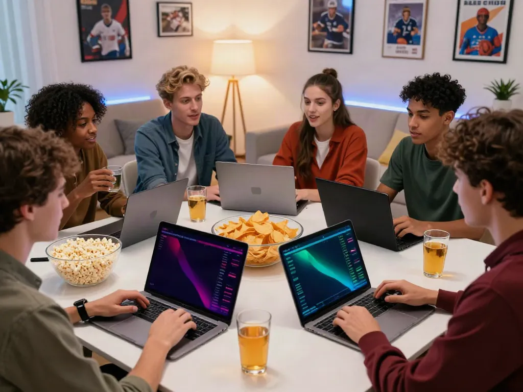 Exciting five88 sports betting scene with friends analyzing live statistics and enjoying snacks.