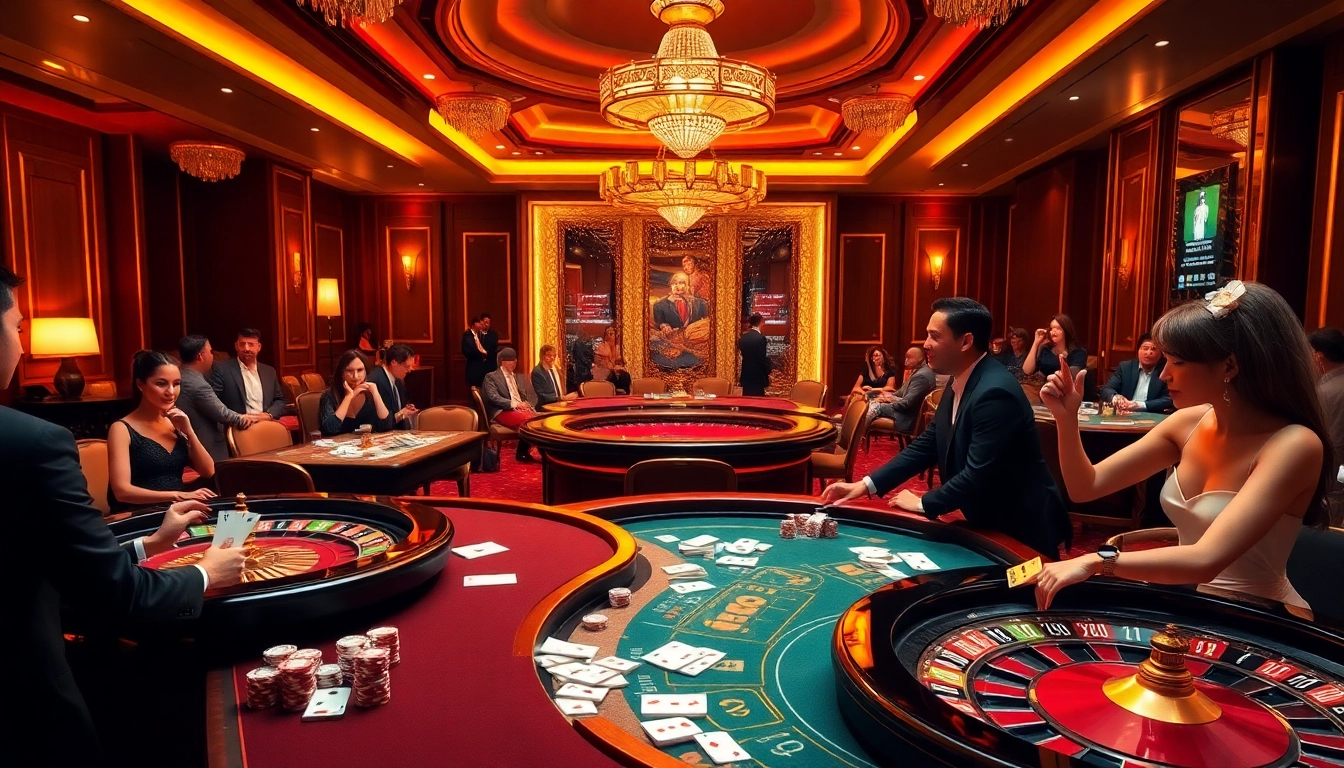 Engaged poker players at a glamorous table, showcasing the excitement of https://one88qq.com while enjoying the casino experience.