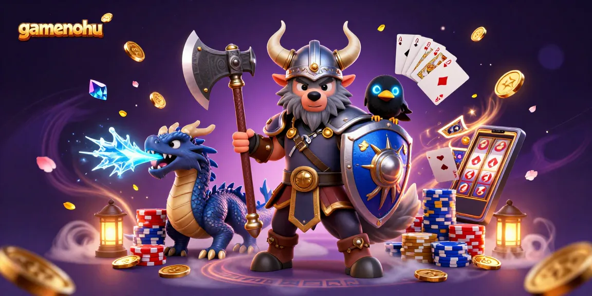 Experience thrilling casino adventures with gamenohu featuring a Viking warrior, dragon, and vibrant game elements.