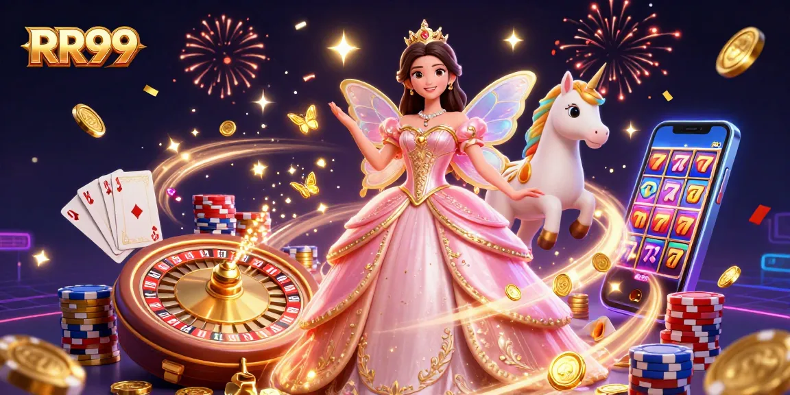 Experience the excitement of RR99 as golden coins cascade amid a vibrant casino scene.