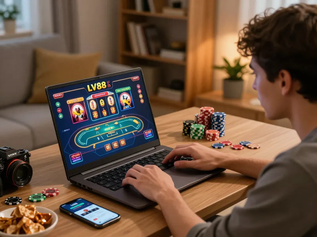 Engaging in an online LV88 slot game at home, showcasing modern gaming setup and atmosphere.