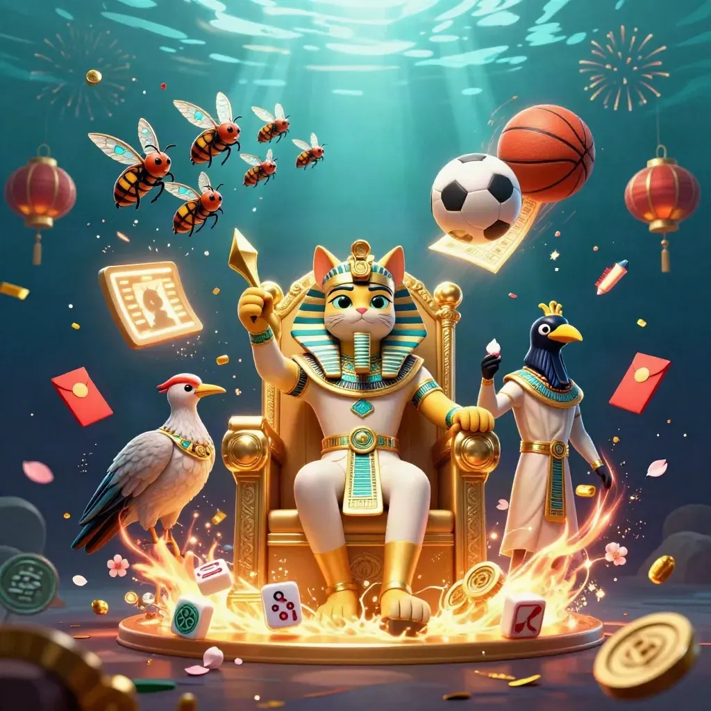 Pharaoh cat, ibis scribe and scarabs amid flying sports gear, gold tiles and casino lights