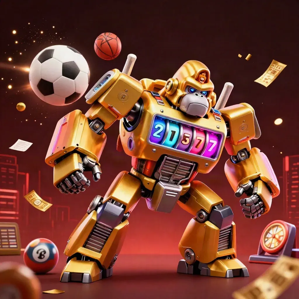 Golden gorilla slot-mech with monkey pilot amid flying sports balls and casino tokens, dramatic low angle