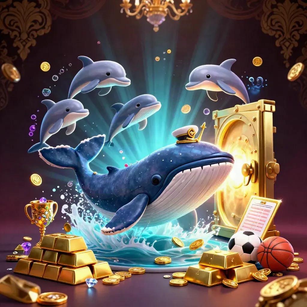 Whale captain and sea creatures burst from coins and treasure in a dark glowing casino fantasy