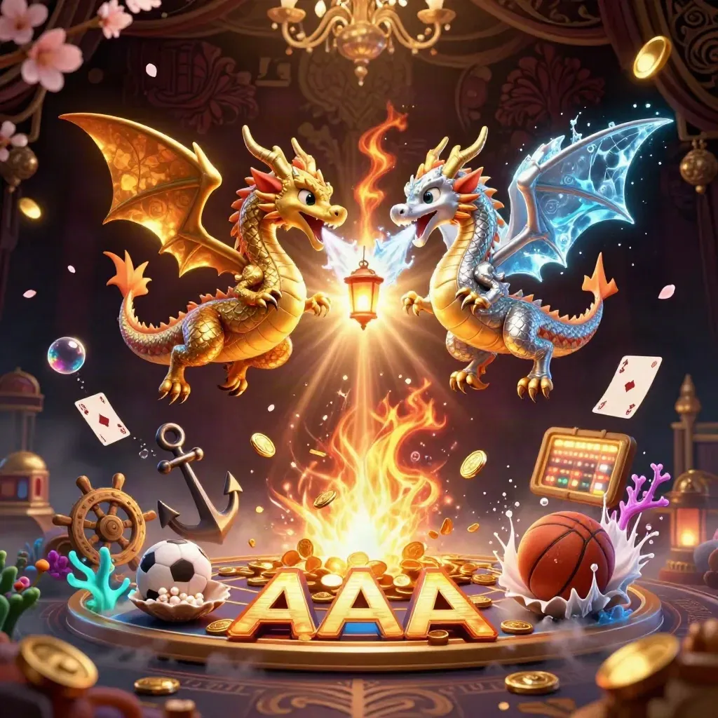 Twin gold and silver dragons in treasure cove haze with sports balls, coins, and glowing casino lights.