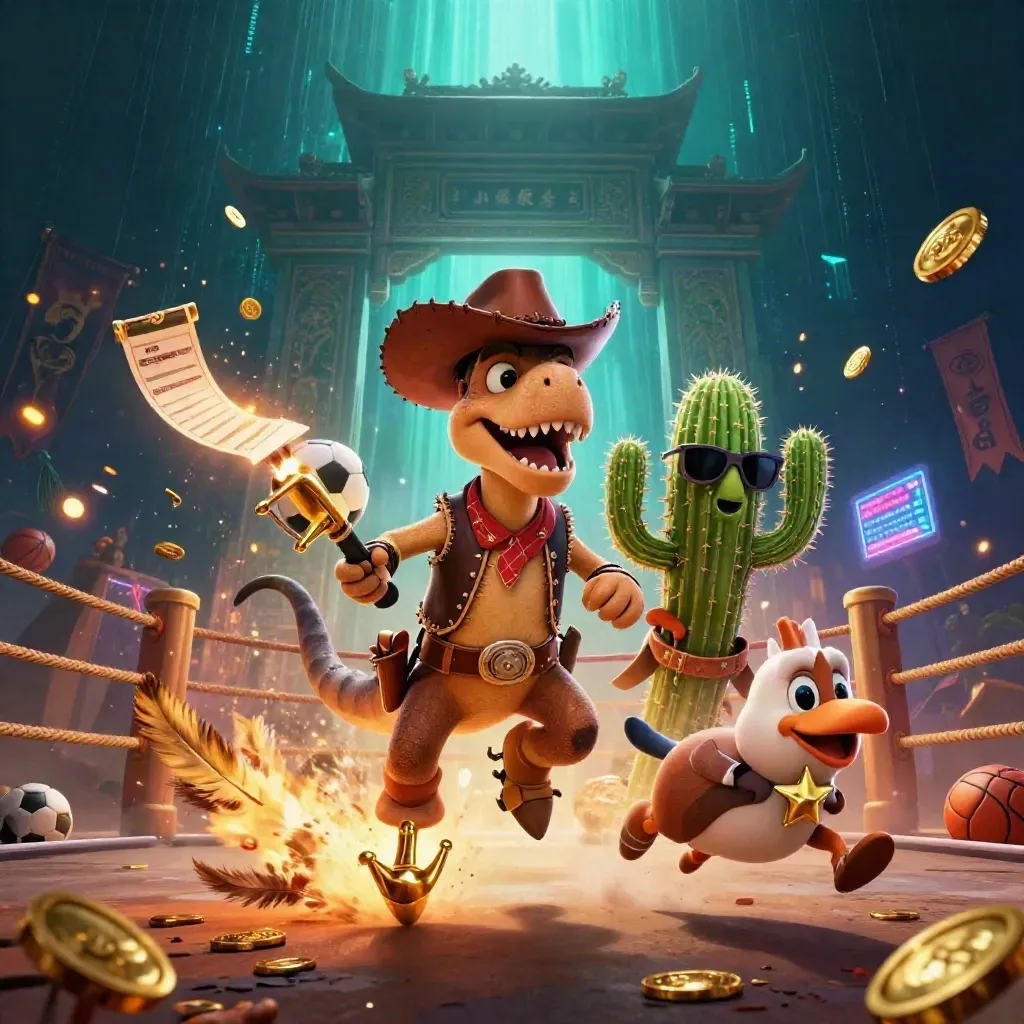 Cowboy T-Rex, cactus sidekick, and roadrunner amid gold, coins, and temple gates