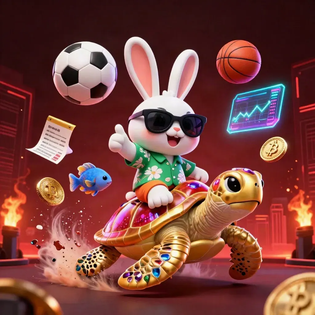 Lucky rabbit rides gem-shell sea turtle amid casino coins, lights and sports props.
