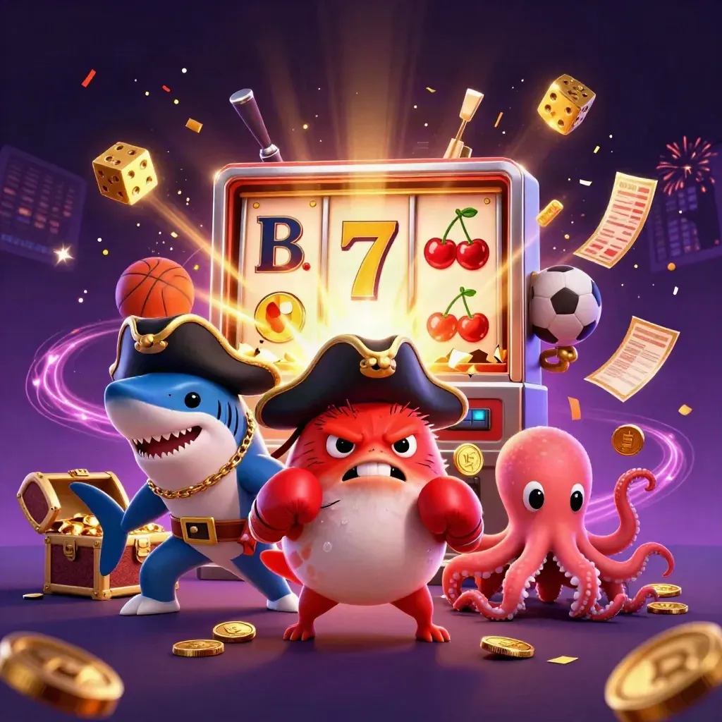 Pirate shark, pufferfish and octopus explode through casino loot and slot symbols.