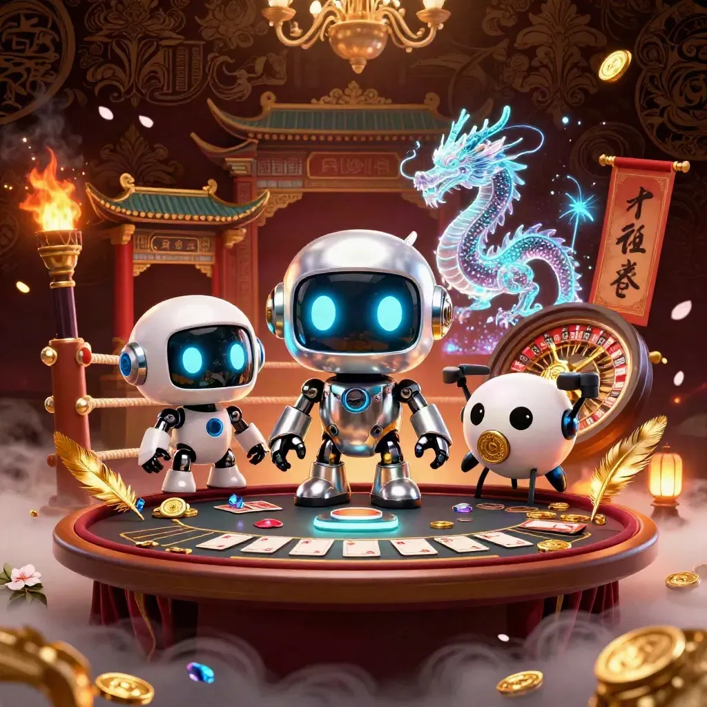 Cyberpunk robot, holographic dragon and drone in a luxe casino scene with glowing roulette and coins.