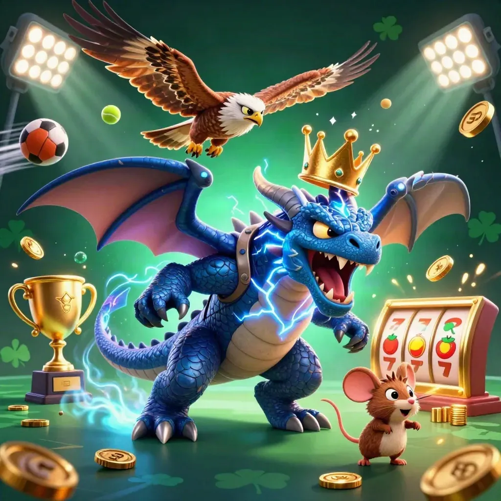 Thunder dragon, hawk, and mouse burst through casino treasure with sports balls and neon loot