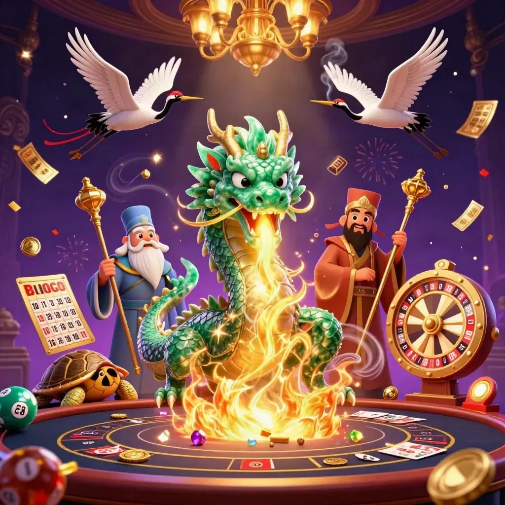 Emerald dragon, turtle sage, and cranes amid casino magic, gold fire, and spinning game elements.
