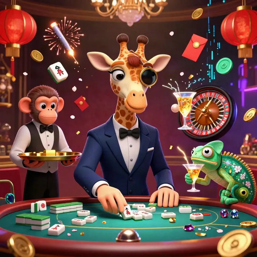 3D giraffe high roller, monkey valet, and chameleon bartender in a glowing casino scene.