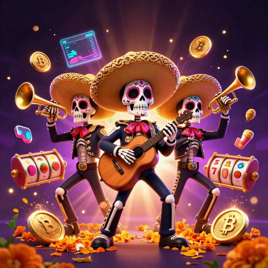 Day-of-the-Dead mariachi skeleton trio amid coins, neon effects, and a purple starfield.