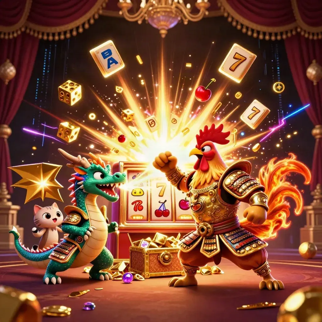 Rooster warrior, dragon hatchling and lucky cat amid exploding slot machine gold and neon.