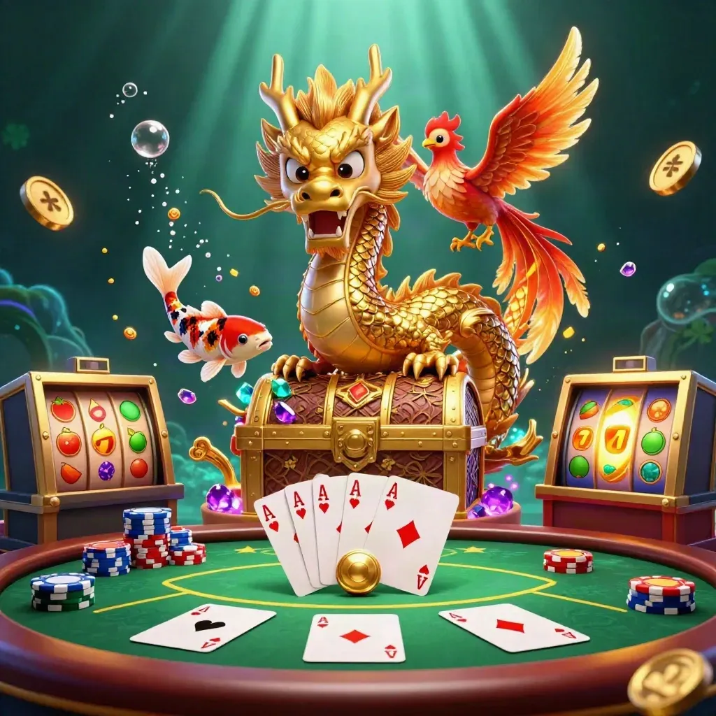 Golden dragon, phoenix and koi amid treasure, chips, cards and neon casino glow