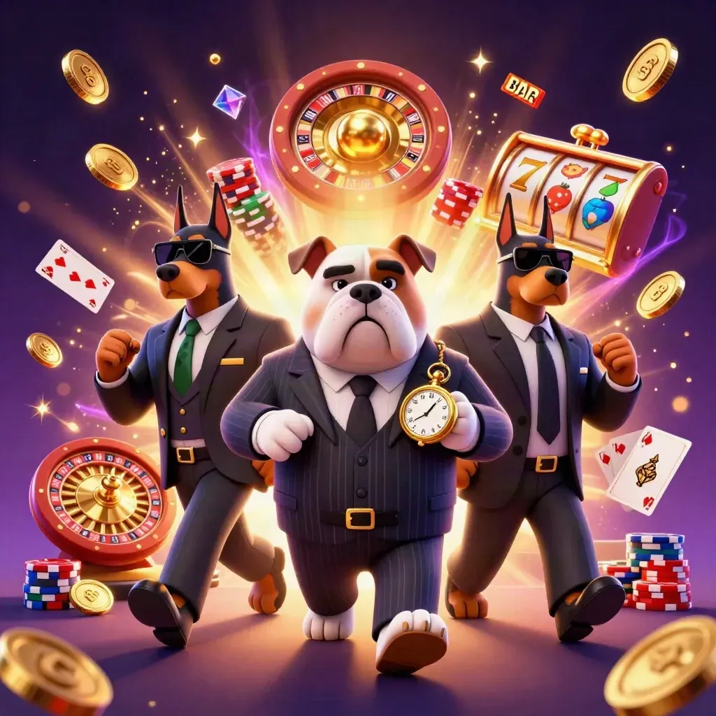 Bulldog boss and two Dobermans amid coins, gems, roulette wheel and glowing casino chaos.