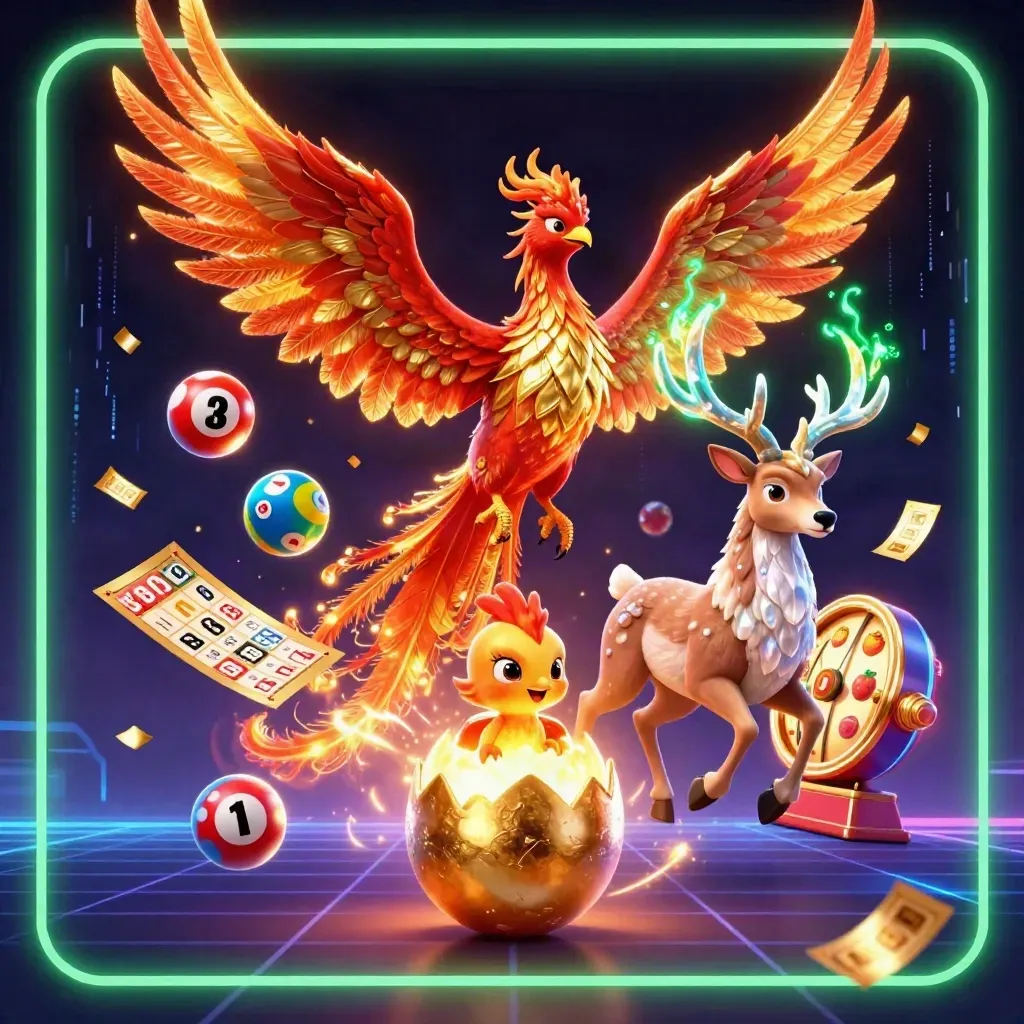 Phoenix, hatchling and crystal stag amid casino props and emerald neon