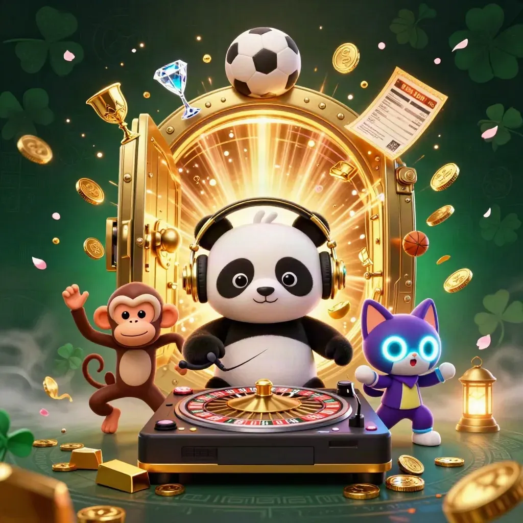 DJ panda, breakdancing monkey and glow-stick kitten burst from a treasure vault in casino gold.