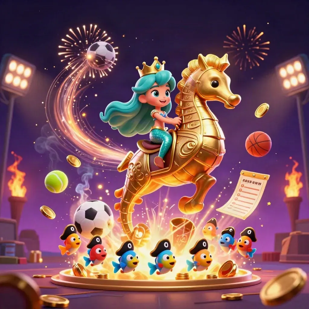 Mermaid princess on armored seahorse amid coins, fireworks and sports balls in a dark premium casino scene
