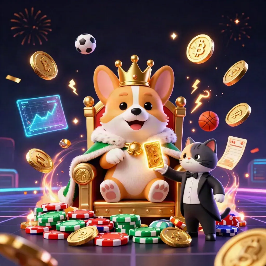 Royal corgi and cat butler amid treasure burst, crypto coins, sports props and fireworks.