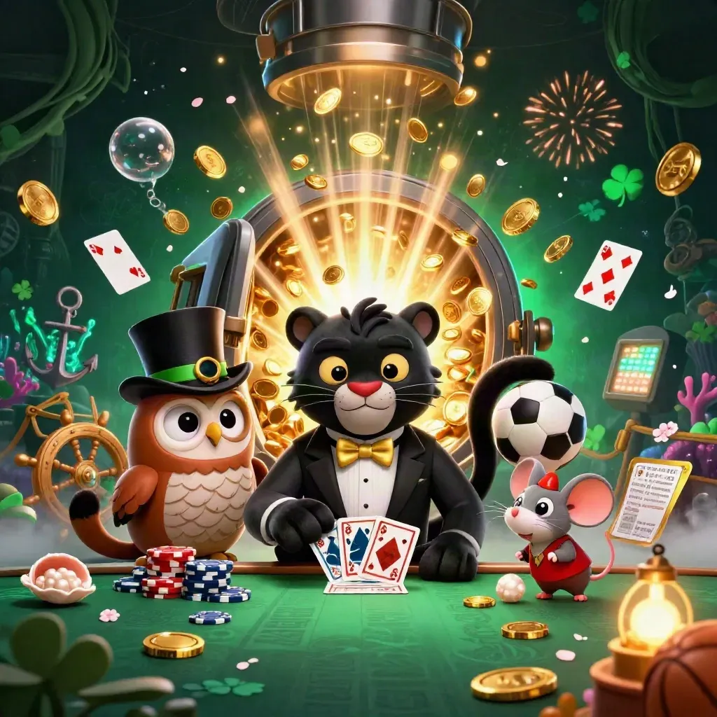 Panther, owl, and mouse in a treasure-cove casino explosion with coins, coral, and fireworks