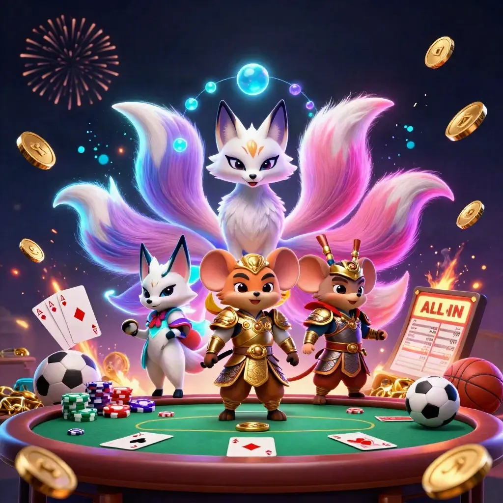 Fox spirit and samurai mouse amid coins, chips, cards, fireworks, and betting icons