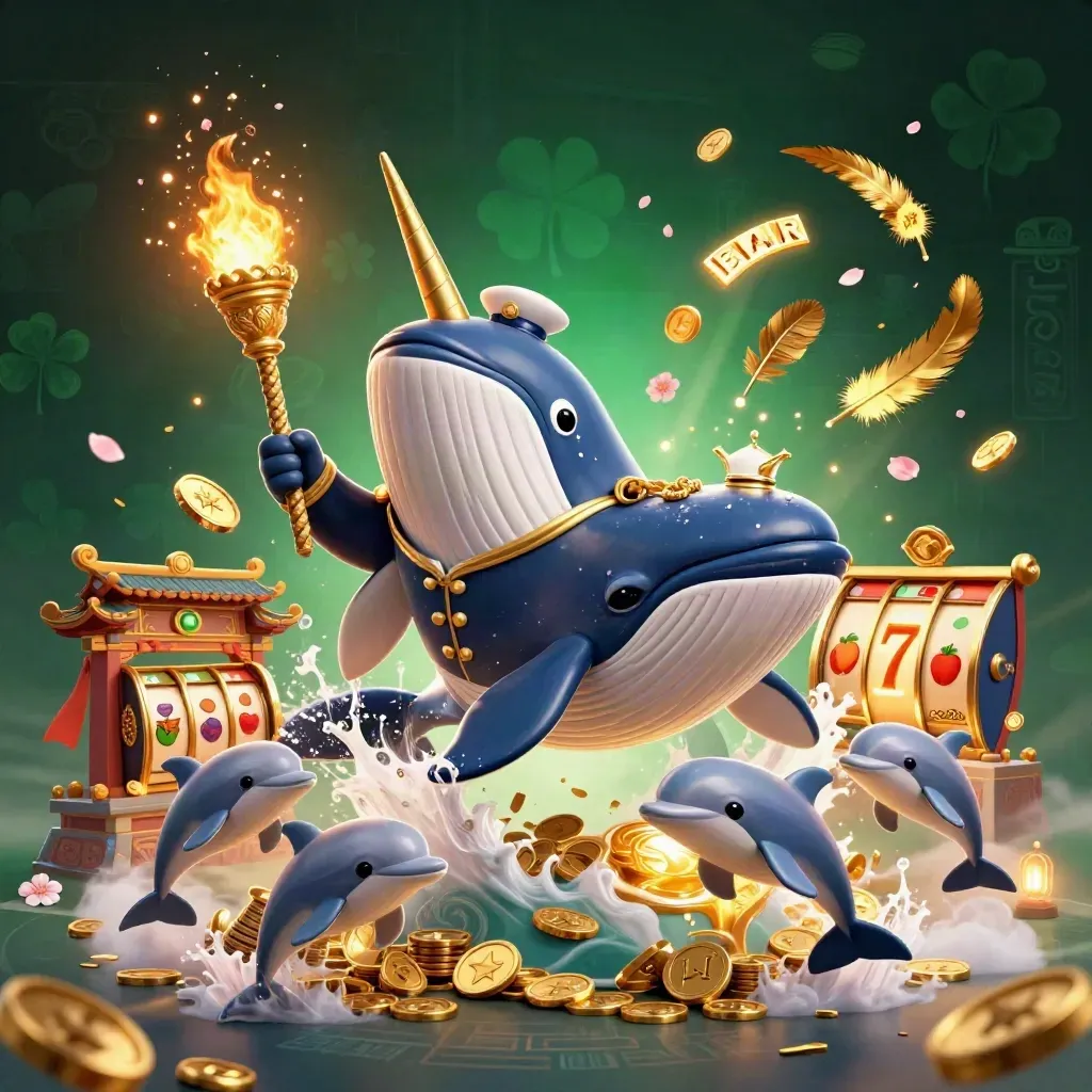 Whale captain, narwhal, and dolphins burst through coins amid temple gates, reels, and gold light.
