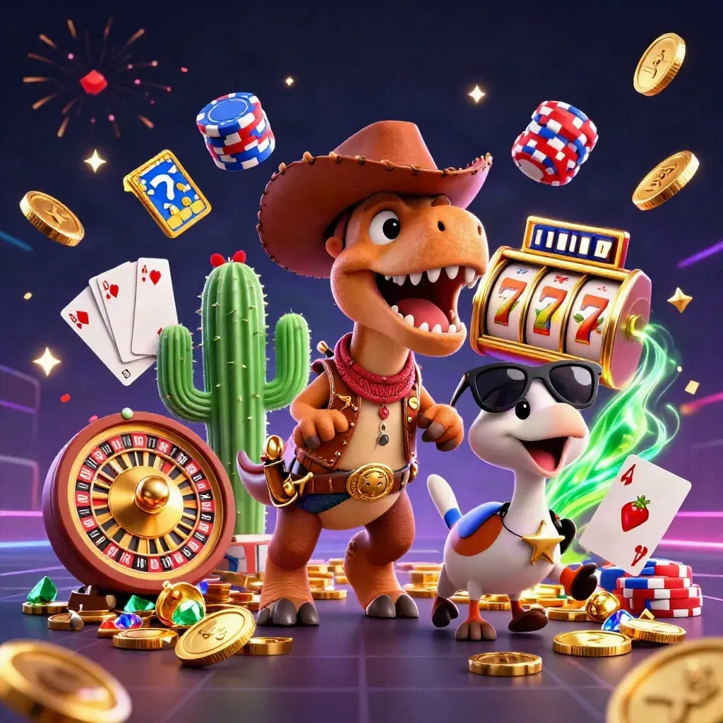 Cowboy T-Rex, cactus sidekick, and sheriff roadrunner amid casino chips, coins, reels, and fireworks.