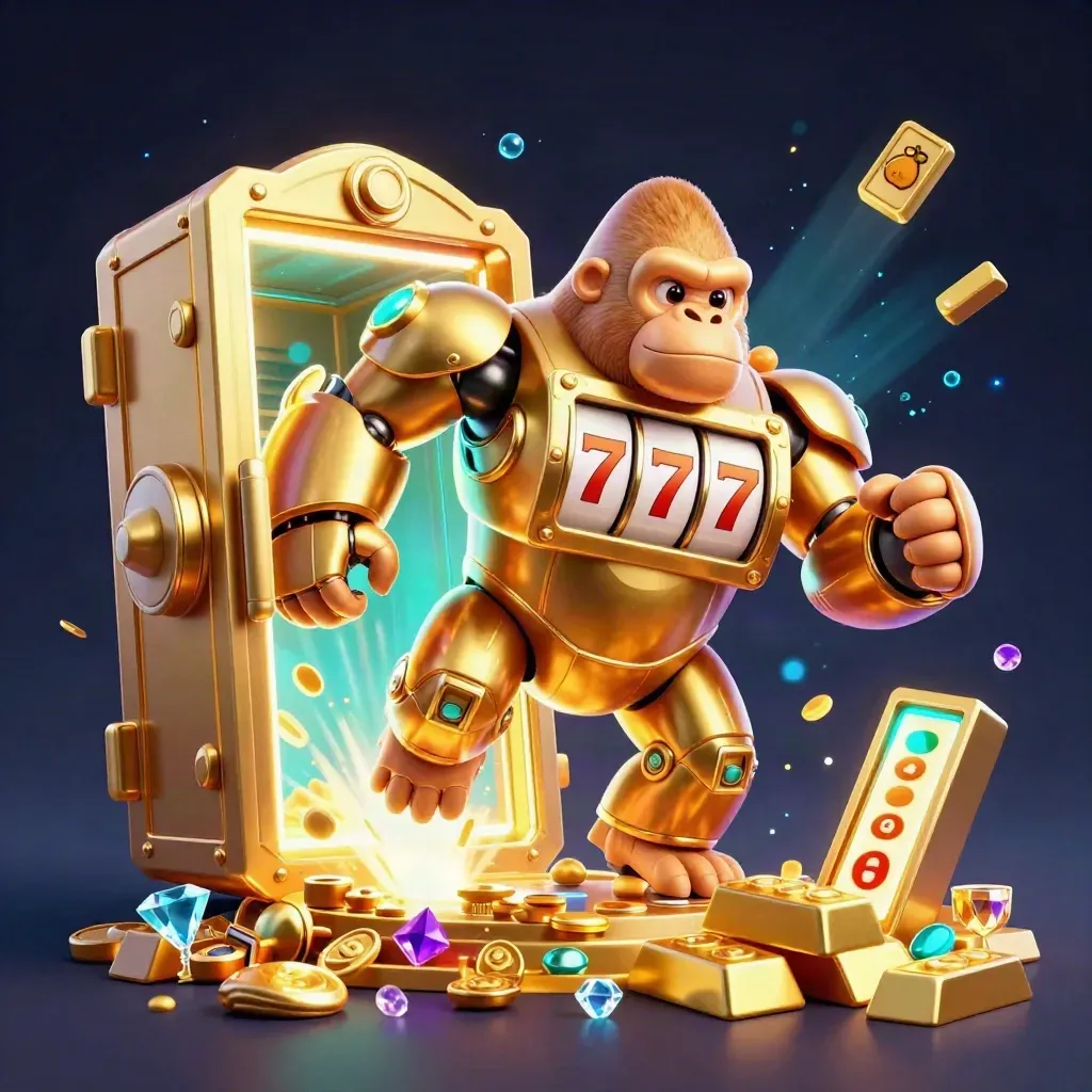 Golden slot-gorilla mech with monkey pilot bursts from vault amid coins, gems, and blue glow.