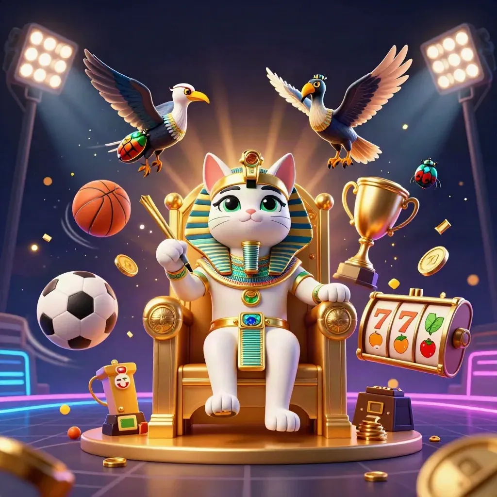 Pharaoh cat on a golden throne with ibis scribe, scarabs, sports balls and casino effects.